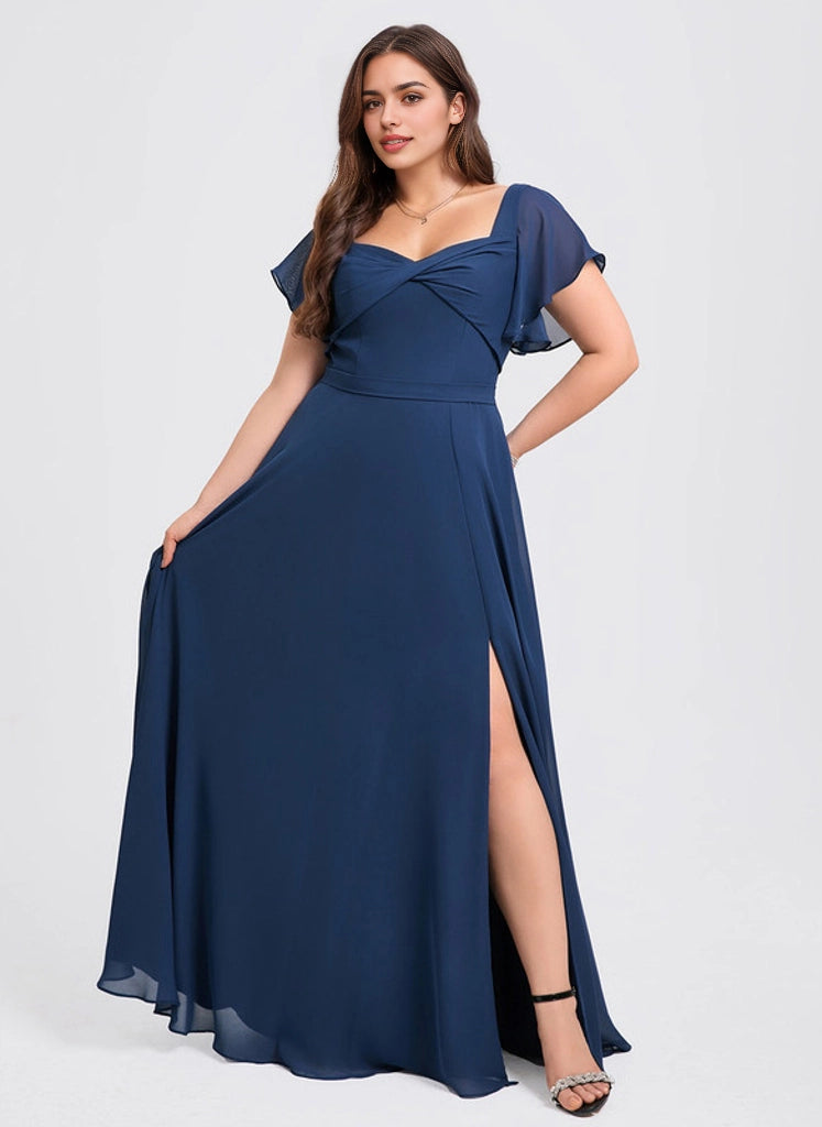 Roselledress navy chiffon twist sweetheart flutter sleeve plus size high slit floor-length bridesmaid dress front view