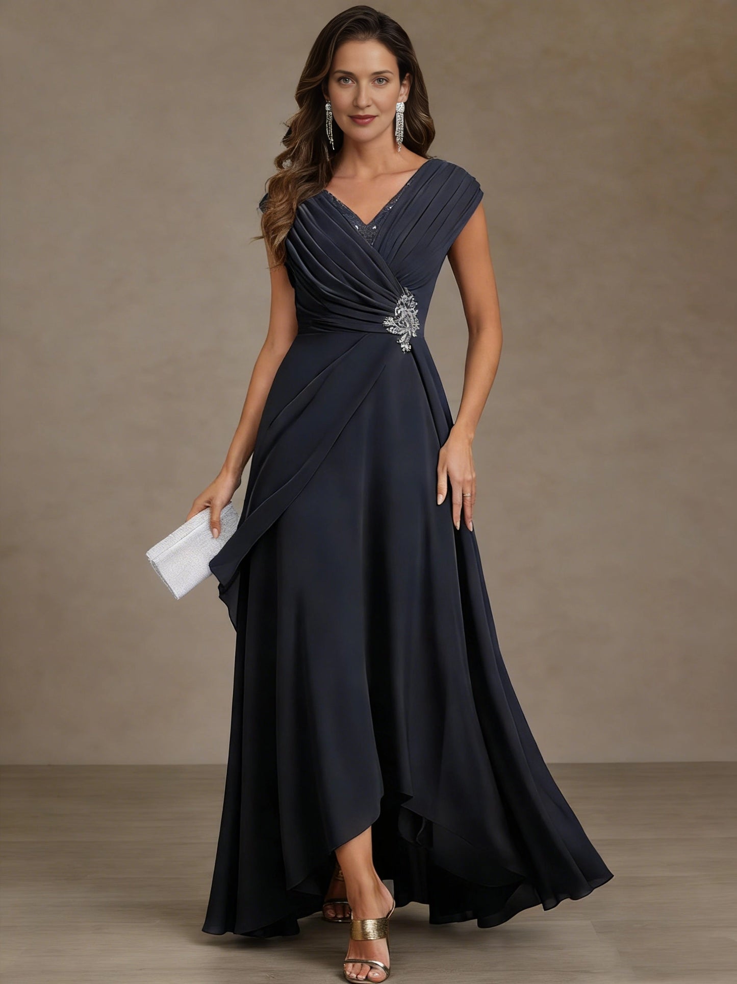 roselledress navy pleated chiffon mother of the bride dresses front view v neck cap sleeve waist crystal appliqué draped overlay floor length evening gown