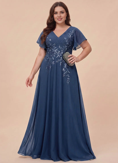 Roselledress slate blue plus size mother dress v neck flutter sleeve sequin applique front view