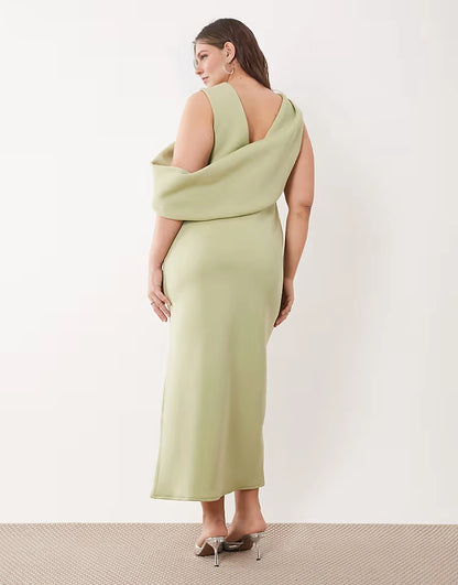 Roselledress plus size sage green draped back formal bridesmaid midi gown back view