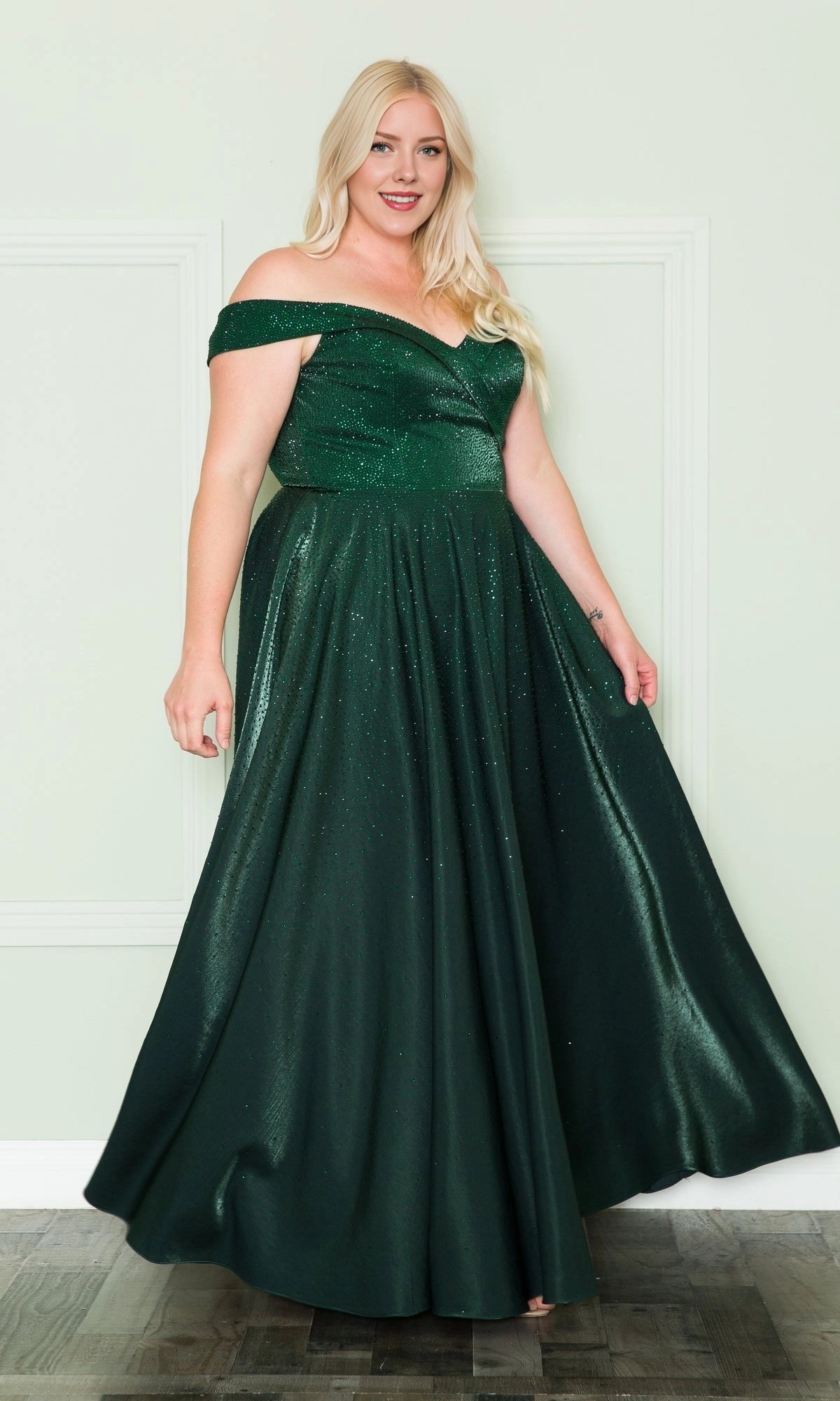 Elegant A-Line Off The Shoulder Corset Back Floor-Length Plus Size Rhinestone Satin Prom Dress