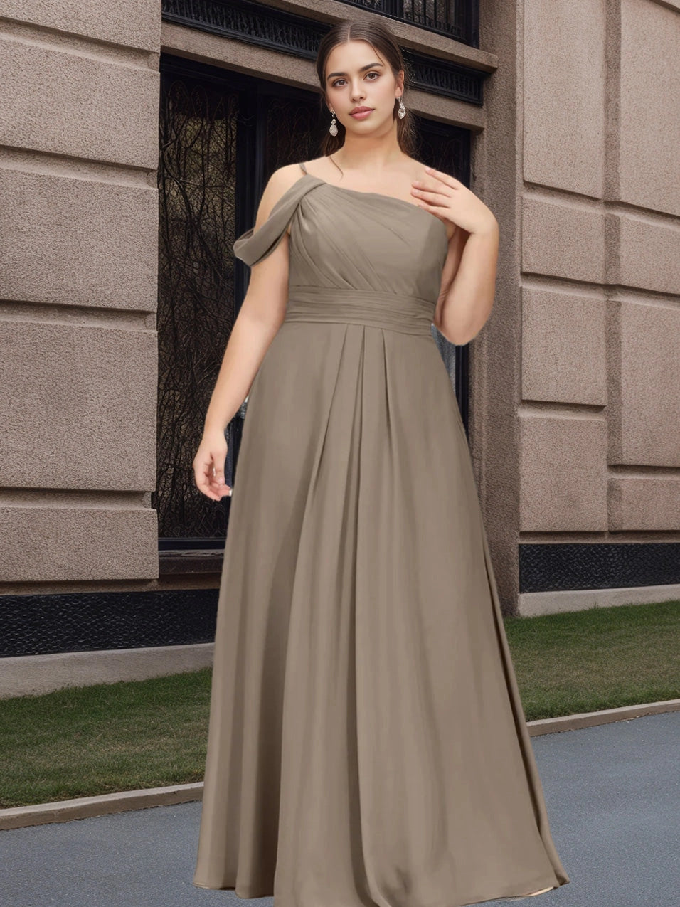 RoselleDress taupe plus size bridesmaid dress one shoulder folded strap draped ruched bodice flowy chiffon long formal gown