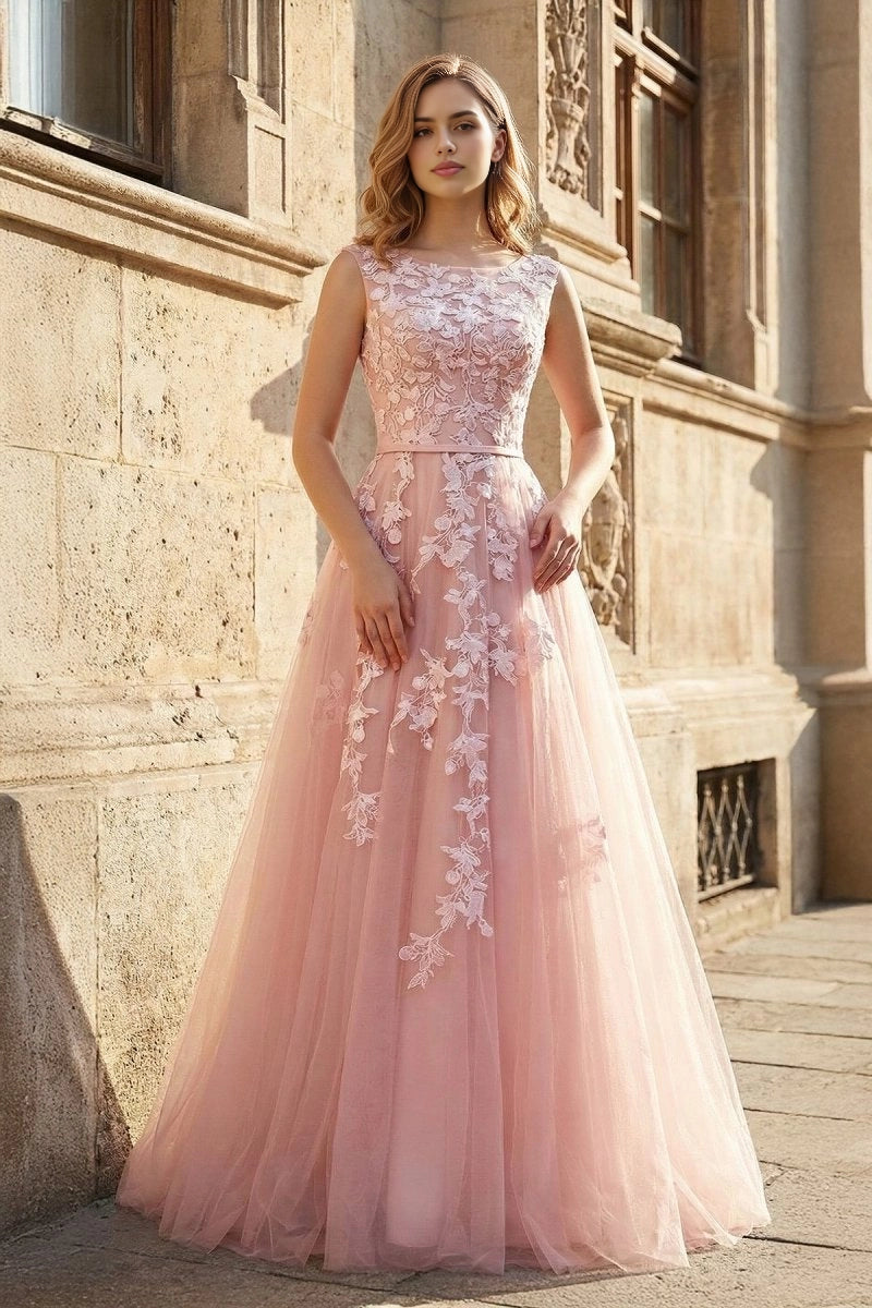 Roselledress blush pink boat neck sleeveless 3D floral lace tulle A-line bridesmaid prom dress front shot