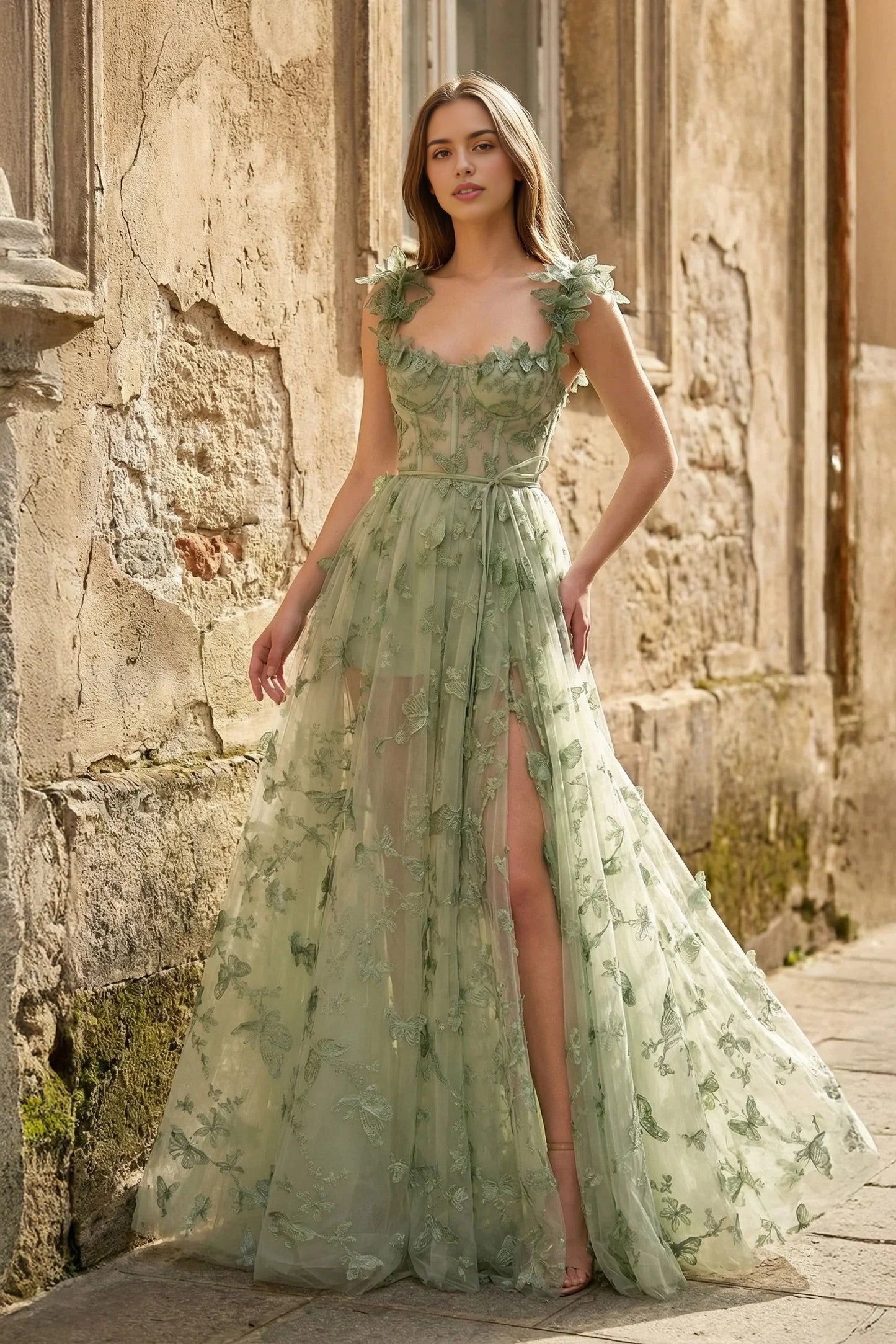 Roselledress sage green tulle bridesmaid dress square floral strap 3D butterfly lace high slit wedding guest gown