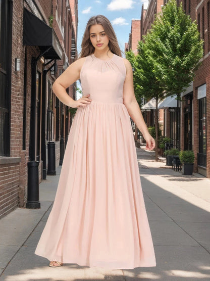 roselledress blush chiffon plus size bridesmaid dress sleeveless ruched round neck flowy maxi gown city garden wedding
