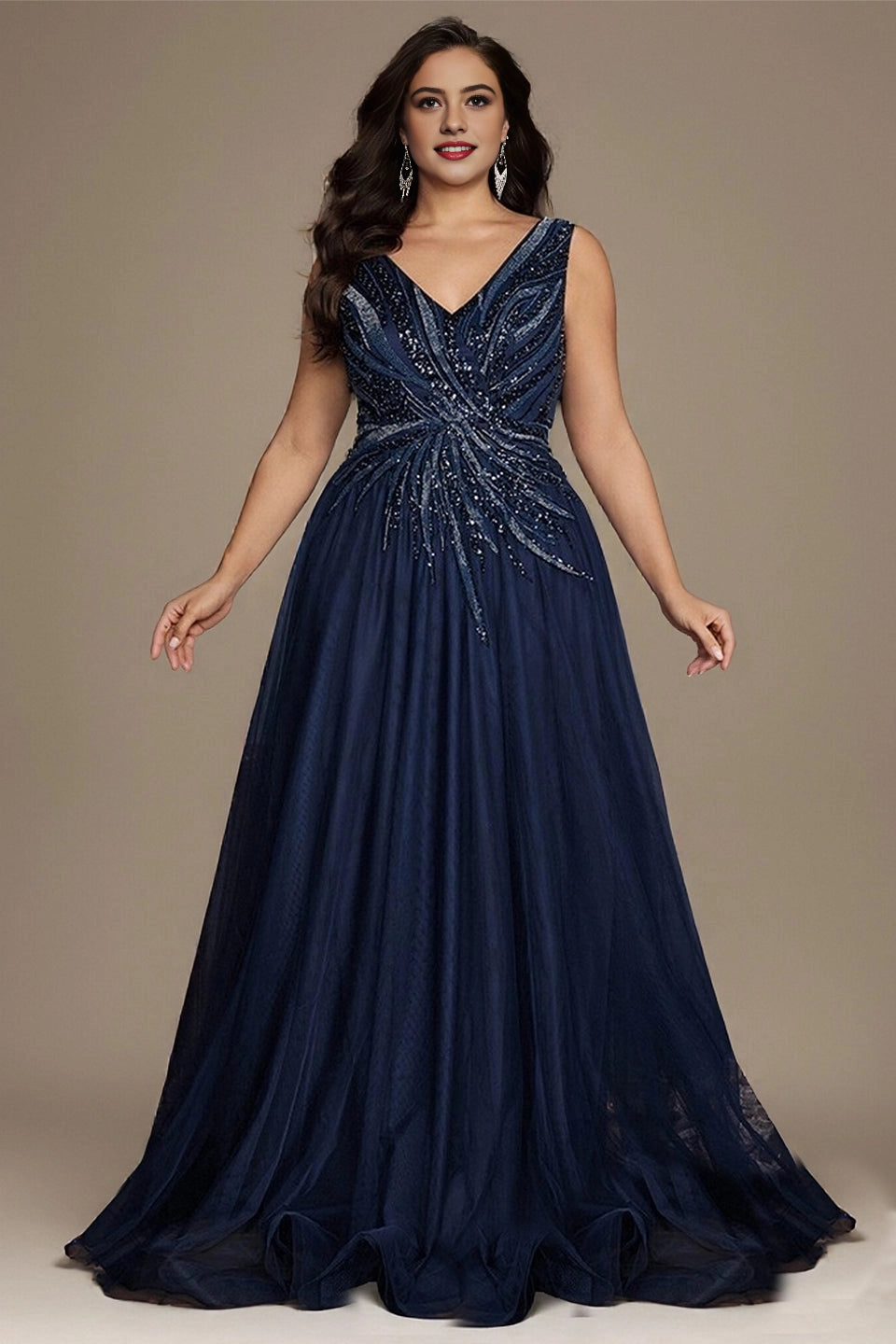 Roselledress navy beaded tulle plus size mother gown deep v sleeveless maxi formal dress front view