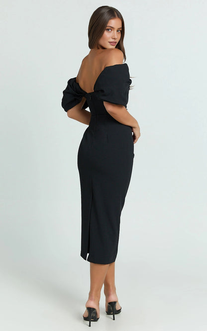 Roselledress off shoulder formal dress plus size deep low back invisible zipper back slit midi wedding guest dress back view