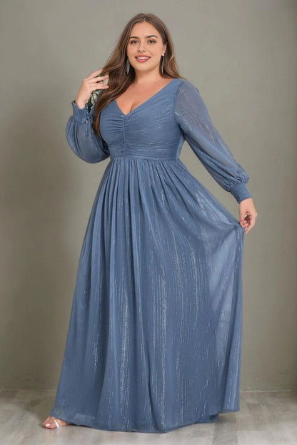 Plus Size Dusty‑Blue A‑Line V‑Neck Long‑Sleeve Deep‑V‑Back Floor‑Length Prom Dress