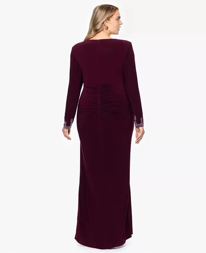 roselledress burgundy plus size long sleeve maxi gown back ruched detail zipper closure beaded cuffs evening formal dress back view
