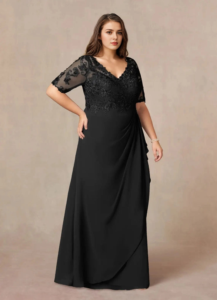 Gorgeous Plus Size A-Line V-Neck Mid-Sleeve Illusion-Back Floor-Length Mother Of Bride Dress