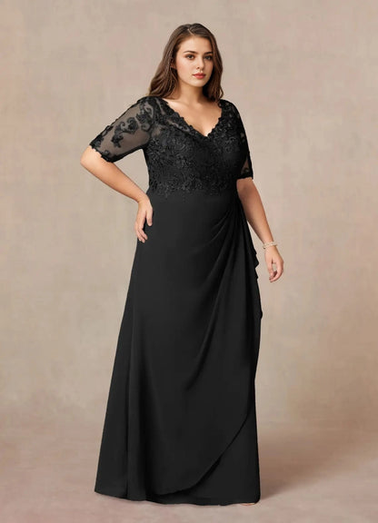 Gorgeous Plus Size A-Line V-Neck Mid-Sleeve Illusion-Back Floor-Length Mother Of Bride Dress