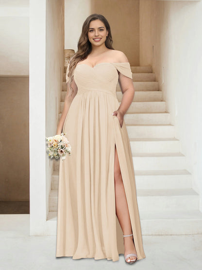 Romantic A-Line Off Shoulder Short Sleeve Ruched Back Floor Length Plus Size Mother Of The Bride Dress