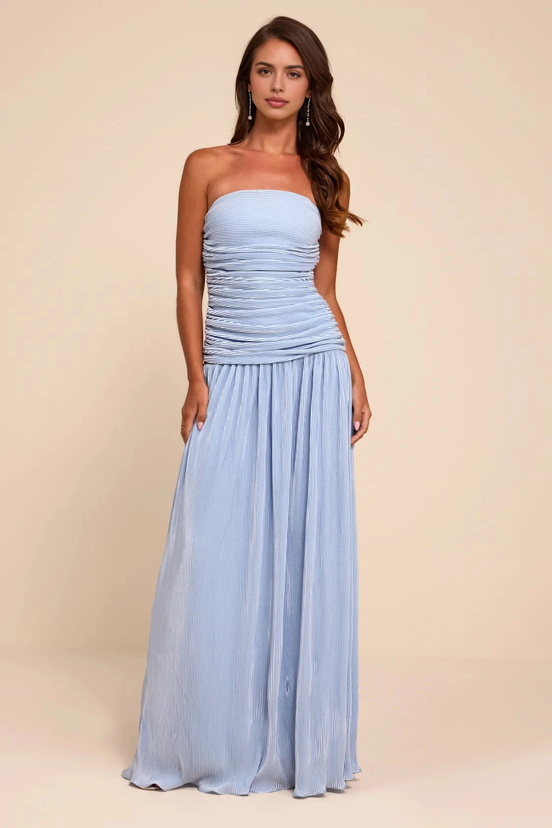 RoselleDress light blue pleated strapless bridesmaid gown ruched bodice a-line maxi formal dress