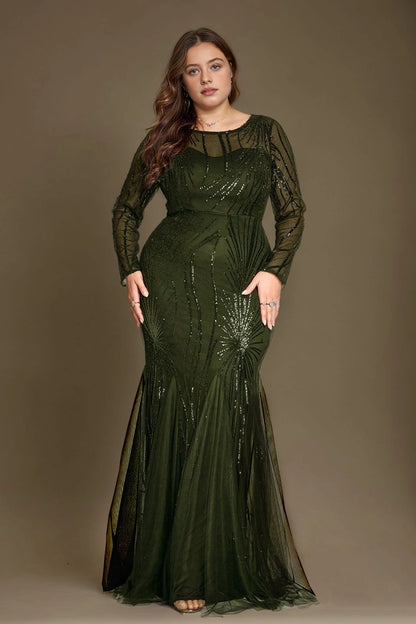 Glam Plus Size Mermaid Round-Neck Long-Sleeve V-Back Train-Length Mother Of Bride Dress