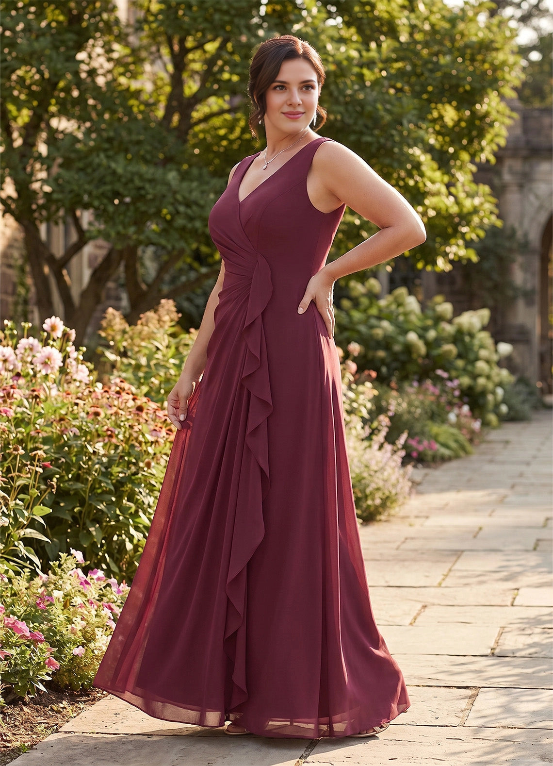 roselledress burgundy plus size mother of bride maxi dress sleeveless v neck ruched chiffon formal gown