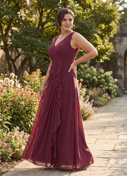 roselledress burgundy plus size mother of bride maxi dress sleeveless v neck ruched chiffon formal gown
