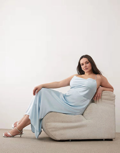 Satin Slip Cowl‑Neck Spaghetti‑Strap Straight‑Back Midi Plus Size Wedding Guest Dress