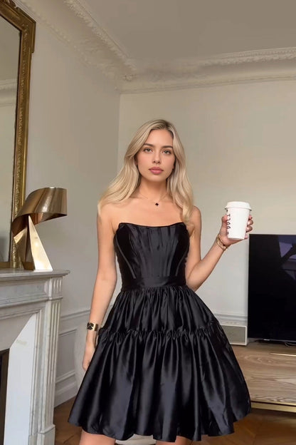 RoselleDress black spaghetti strap corset mini homecoming dress bow tiered satin party gown
