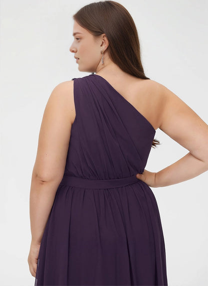 back view Roselledress ruched one shoulder chiffon plus size wedding guest long dress