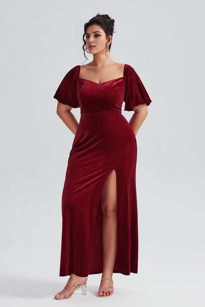 Burgundy Plus Size Sheath Sweetheart Puff‑Short‑Sleeve Smocked‑Back Floor‑Length Prom Dress