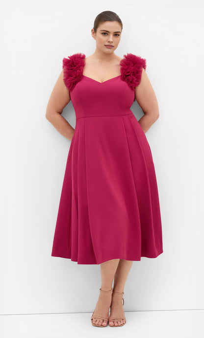 Blush Pink Tulle Ruffle Strap Midi Plus Size Wedding Guest Dress