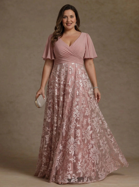 roselledress plus size dusty pink wrap a line mother of the bride dresses front view v neck flutter sleeve gold foil lace floor length garden wedding maxi gown