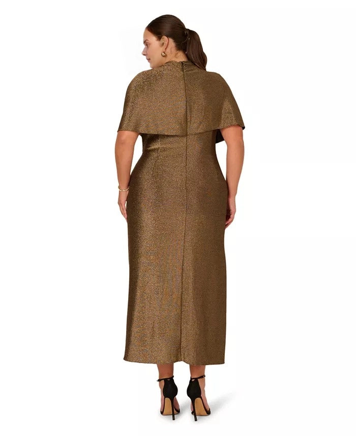 Roselle Dress plus size bronze metallic cape midi formal wedding guest dress back view with centre back zipper closure