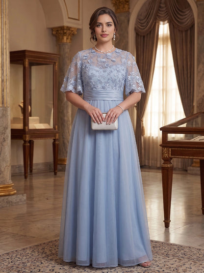 roselledress dusty blue tulle plus size mother of the bride dress floral lace flutter sleeve satin waistband wedding mother formal maxi gown 
