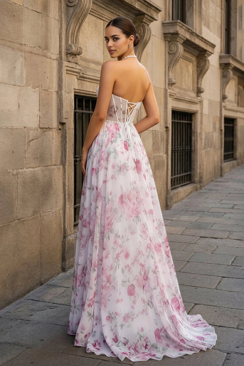 Roselledress Floral Chiffon A-Line Halter Corset Lace-Up Back Slit Maxi Plus Size Prom Dress