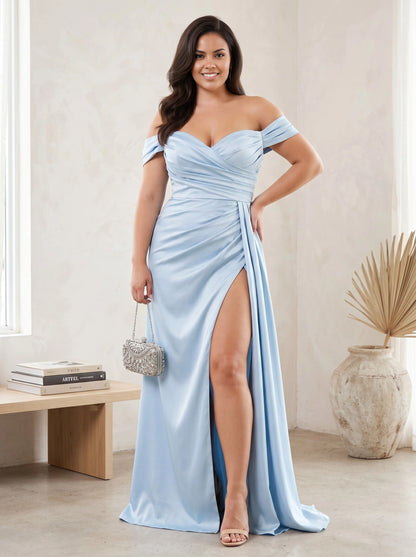roselledress light blue satin off shoulder wrap bodice high slit plus‑size mermaid formal gown