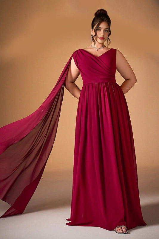 roselledress burgundy plus size a-line v-neck chiffon bridesmaid gown with cape sleeve for curvy women
