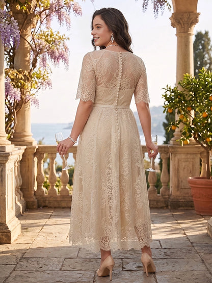 roselledress curvy floral lace a line dress pearl button back belted midi formal mother outfit