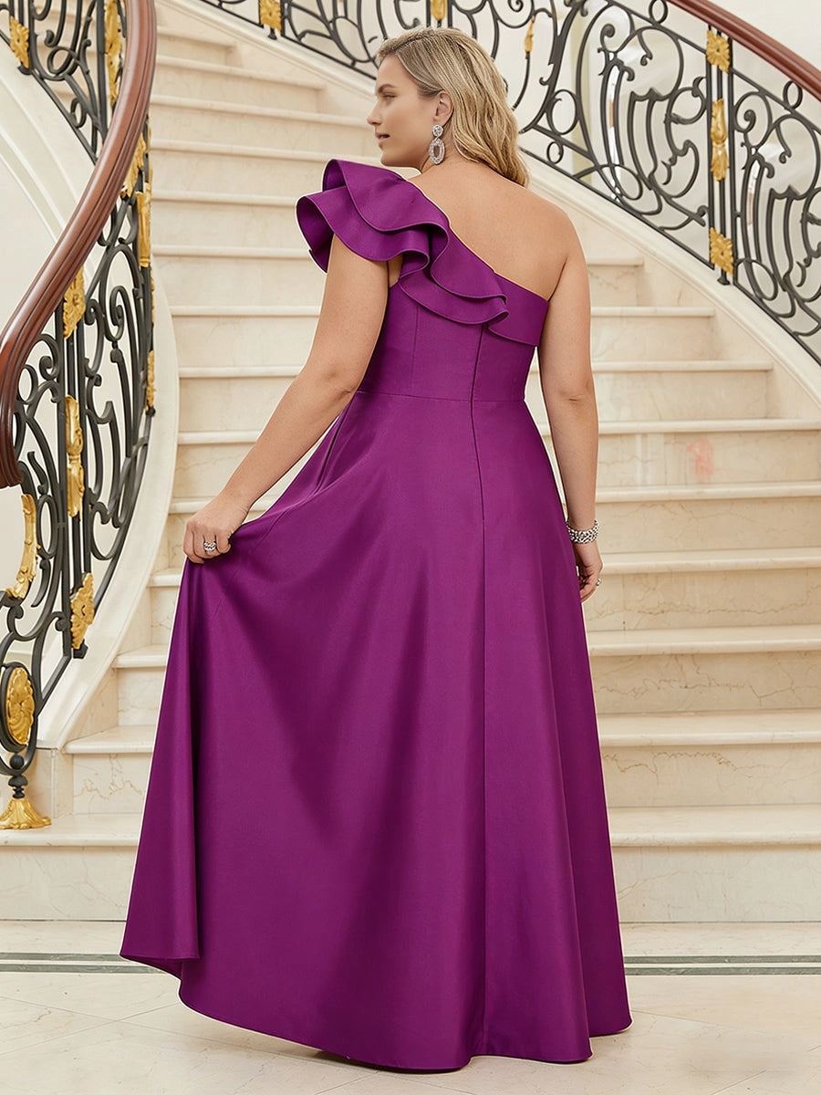 Back view roselledress zip‑back one‑shoulder ruffle satin floor‑length plus size mother gown