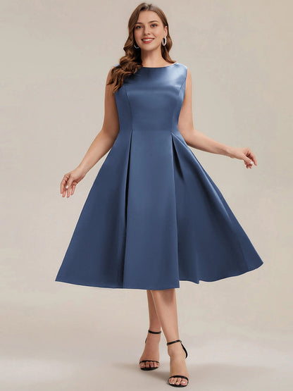 Roselledress Classic A-Line Bateau Sleeveless V-Zip-Back Midi-Length Plus Size Weeding Guest Dress
