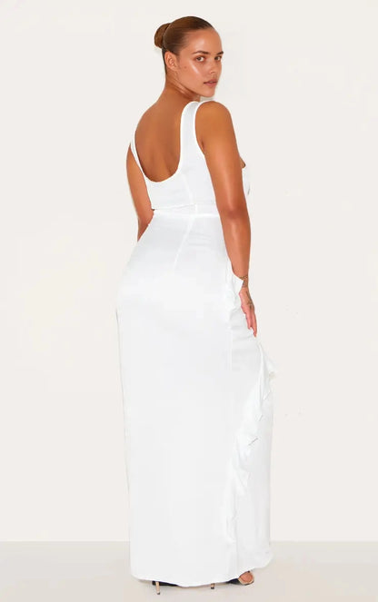 Satin Ruffled Midi V‑Neck Sleeveless Open‑Back Maxi Plus Size Wedding Guest Dress