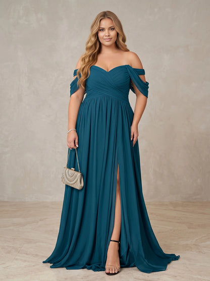 roselledress teal chiffon off shoulder draped sleeve high‑slit plus‑size a‑line formal gown