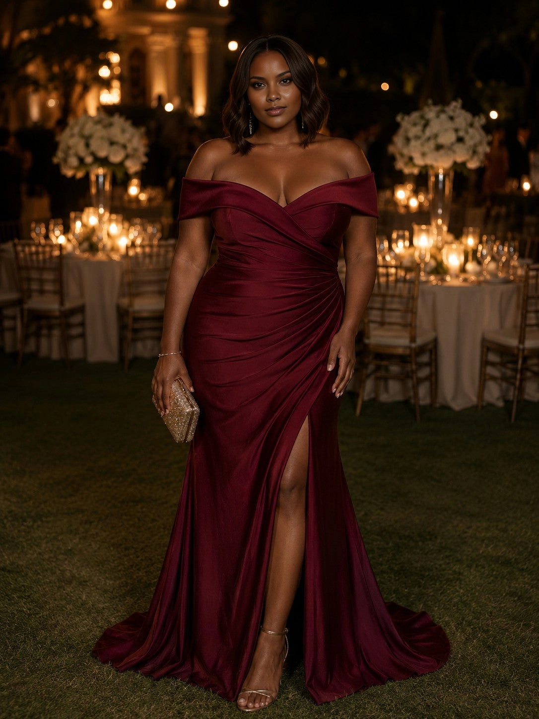 roselledress burgundy satin wrap off‑shoulder high slit plus‑size mermaid evening gown