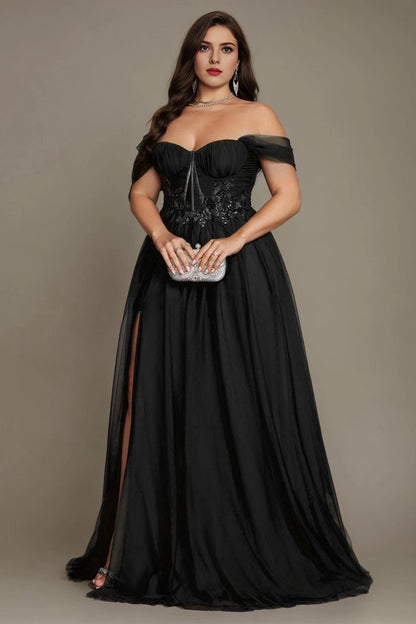 Olive Green Plus Size A‑Line Off‑The‑Shoulder Short‑Sleeve Lace‑Up‑Back Long Prom Dress