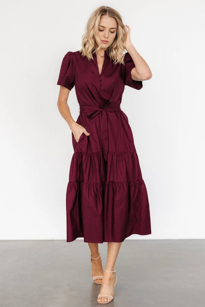 Roselledress burgundy cotton tiered midi dress stand collar puff sleeve front view with pocket