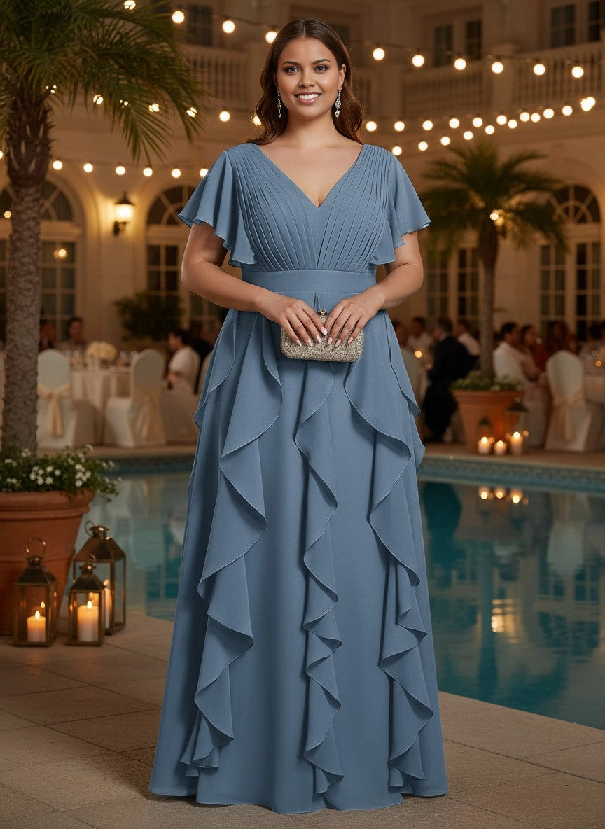 roselledress dusty blue ruffled plus‑size a‑line prom dress flutter short sleeve