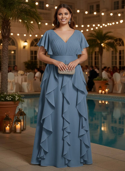 roselledress dusty blue ruffled plus‑size a‑line prom dress flutter short sleeve