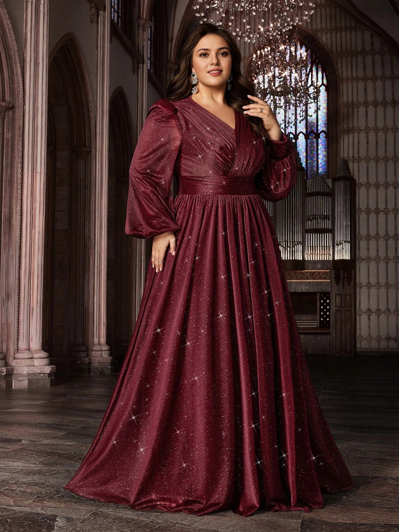 Plus Size Burgundy A‑Line V‑Neck Long‑Sleeve Smocked‑Back Floor‑Length Prom Dress
