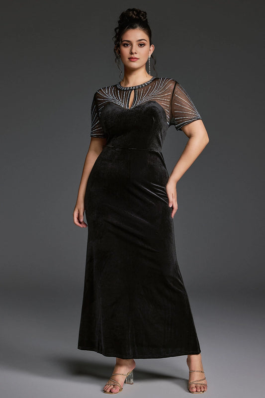 Roselledress plus size black velvet prom dress keyhole neck rhinestone mesh short sleeve mermaid ankle length front view
