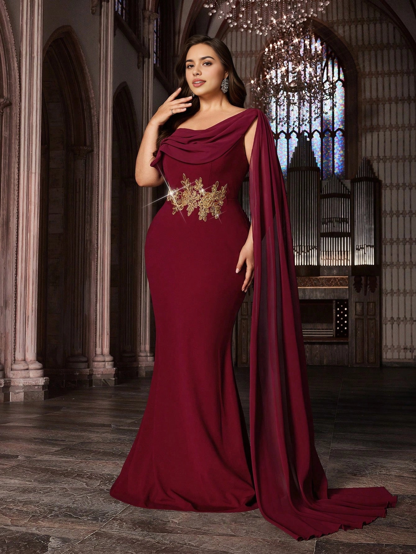 Plus Size Burgundy Mermaid One‑Shoulder Cape‑Sleeve Open‑Back Floor‑Length Prom Dress