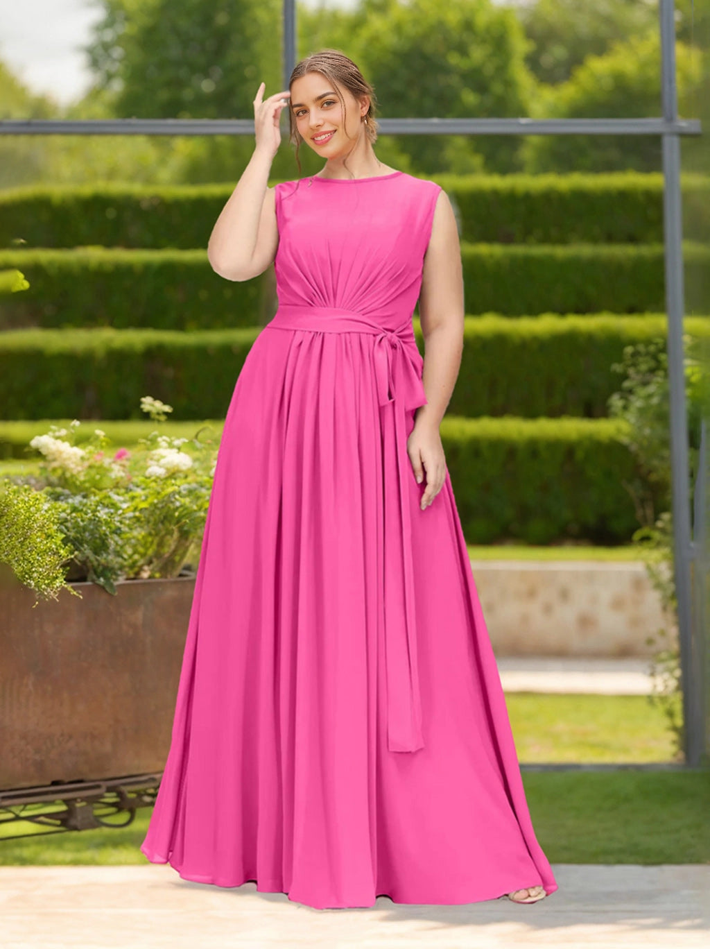 roselledress hot pink chiffon plus size bridesmaid dress sleeveless ruched front waist sash garden wedding maxi gown