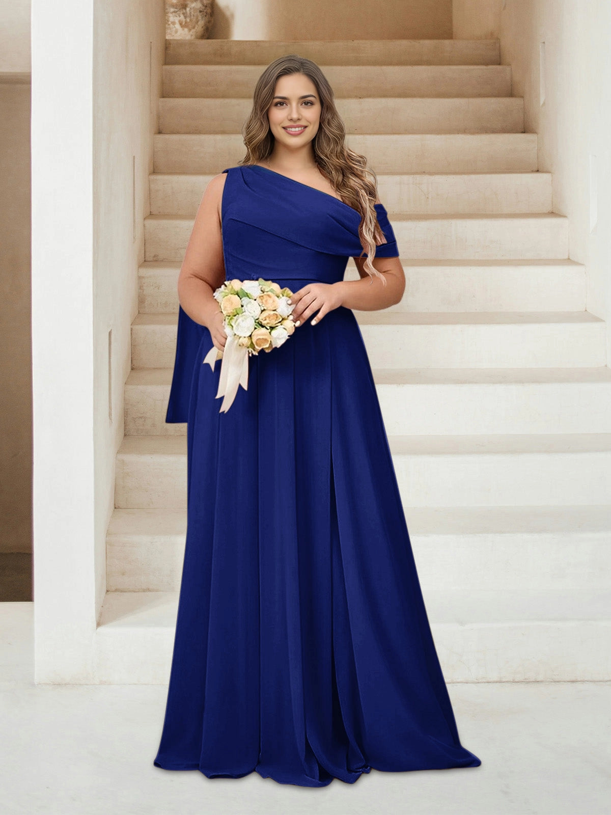 Roselledress Chic A-Line One Shoulder Draped Sleeve Zipper Back Floor Length Plus Size Mother Of The Bride Dress