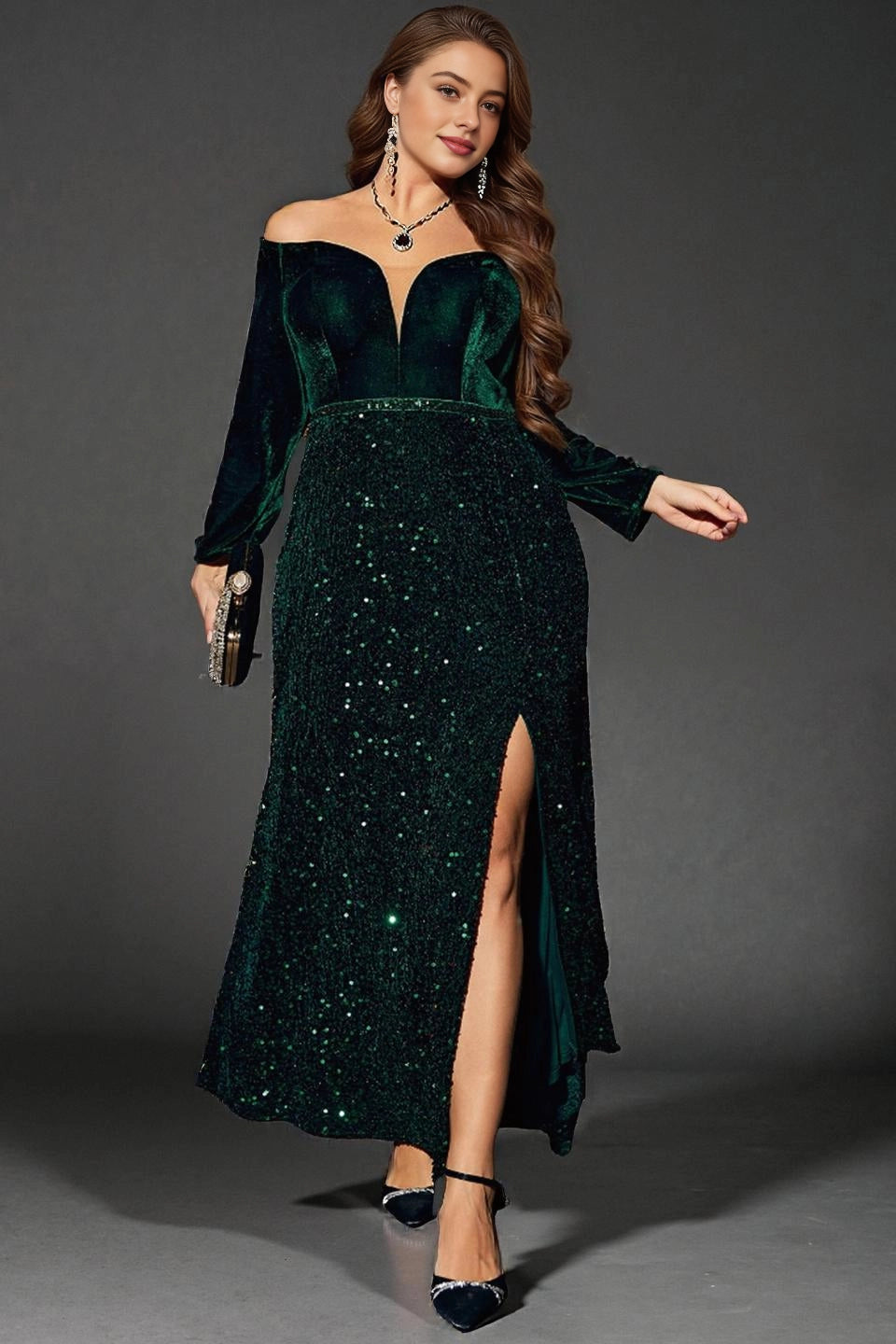 Luxury Mermaid Off-Shoulder Long-Sleeve Zip-Back Maxi Plus Size Mother Of Bride Dress