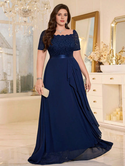 Elegant A‑Line Scalloped‑Square Short‑Sleeve Scalloped‑Back Floor‑Length Mother Of Bride Dress