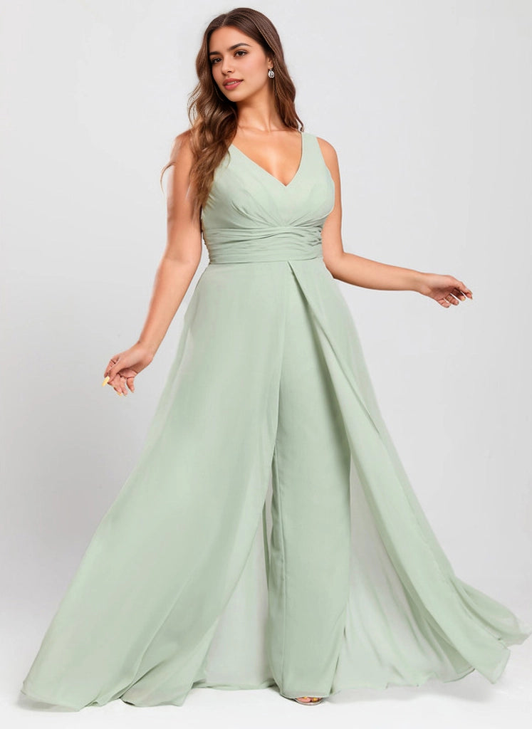Roselledress Flowy Wide-Leg Double V Sleeveless Zipper Back Floor Plus Size Weeding Guest Dress