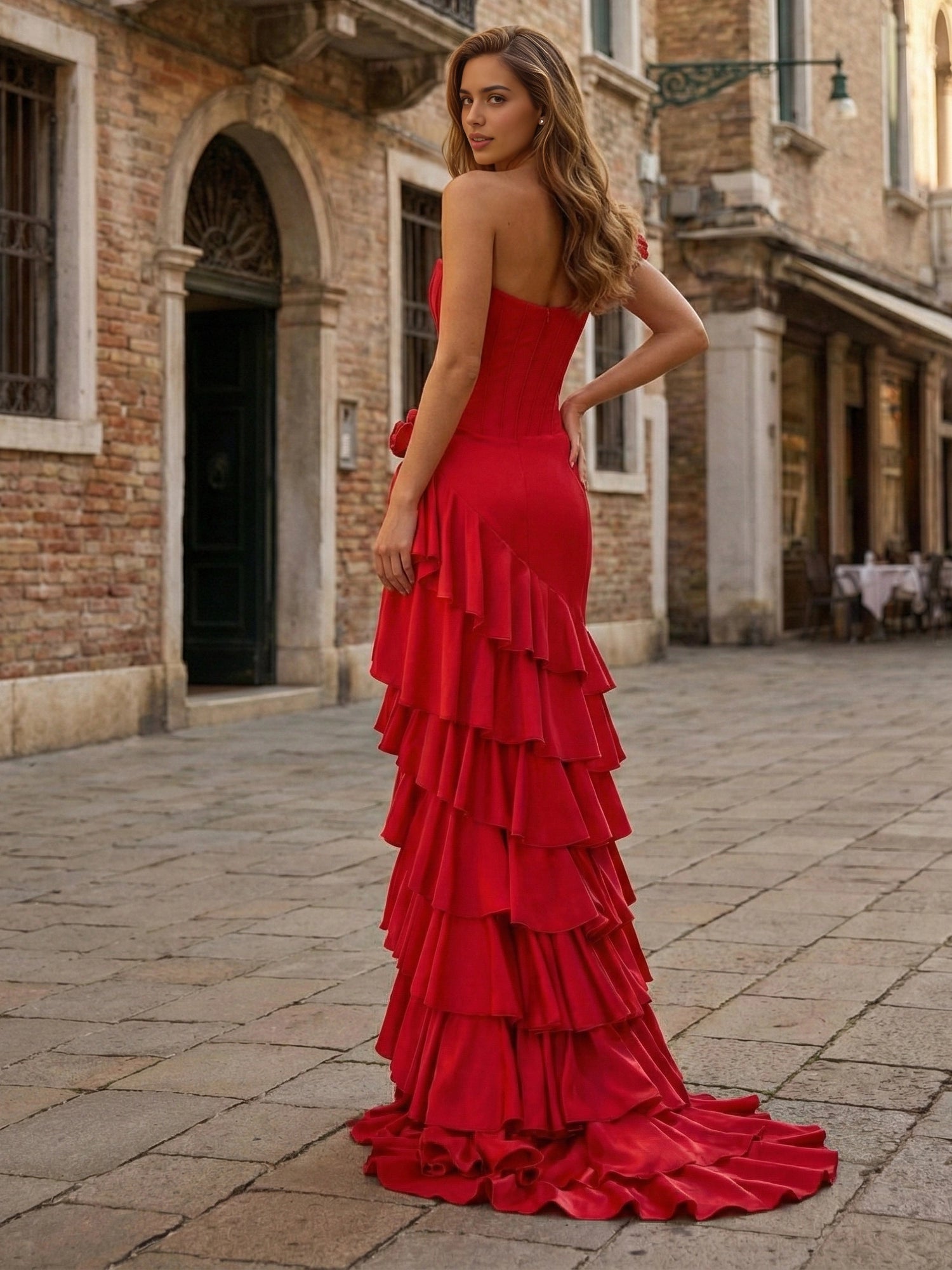 roselledress bright red mermaid gown strapless open back zipper tiered ruffle train party dress